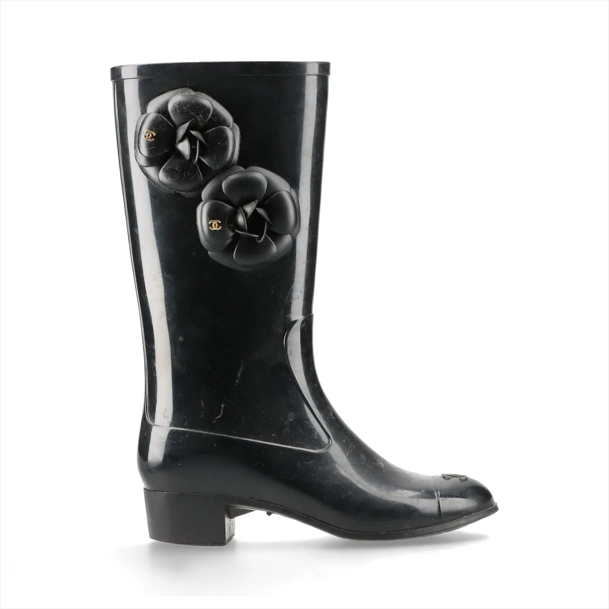 Coco Mark Camellia Rubber Rain Boots, Size 36, Women's, Black. — view 3