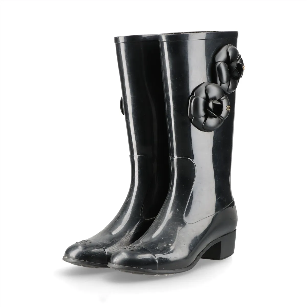 Coco Mark Camellia Rubber Rain Boots, Size 36, Women's, Black. — view 5