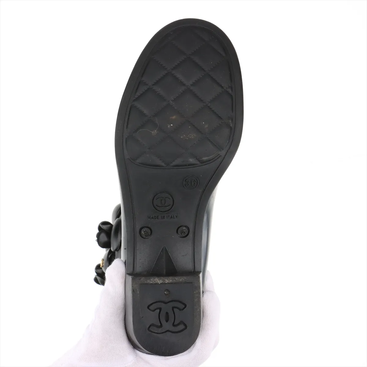 Coco Mark Camellia Rubber Rain Boots, Size 36, Women's, Black. — view 8