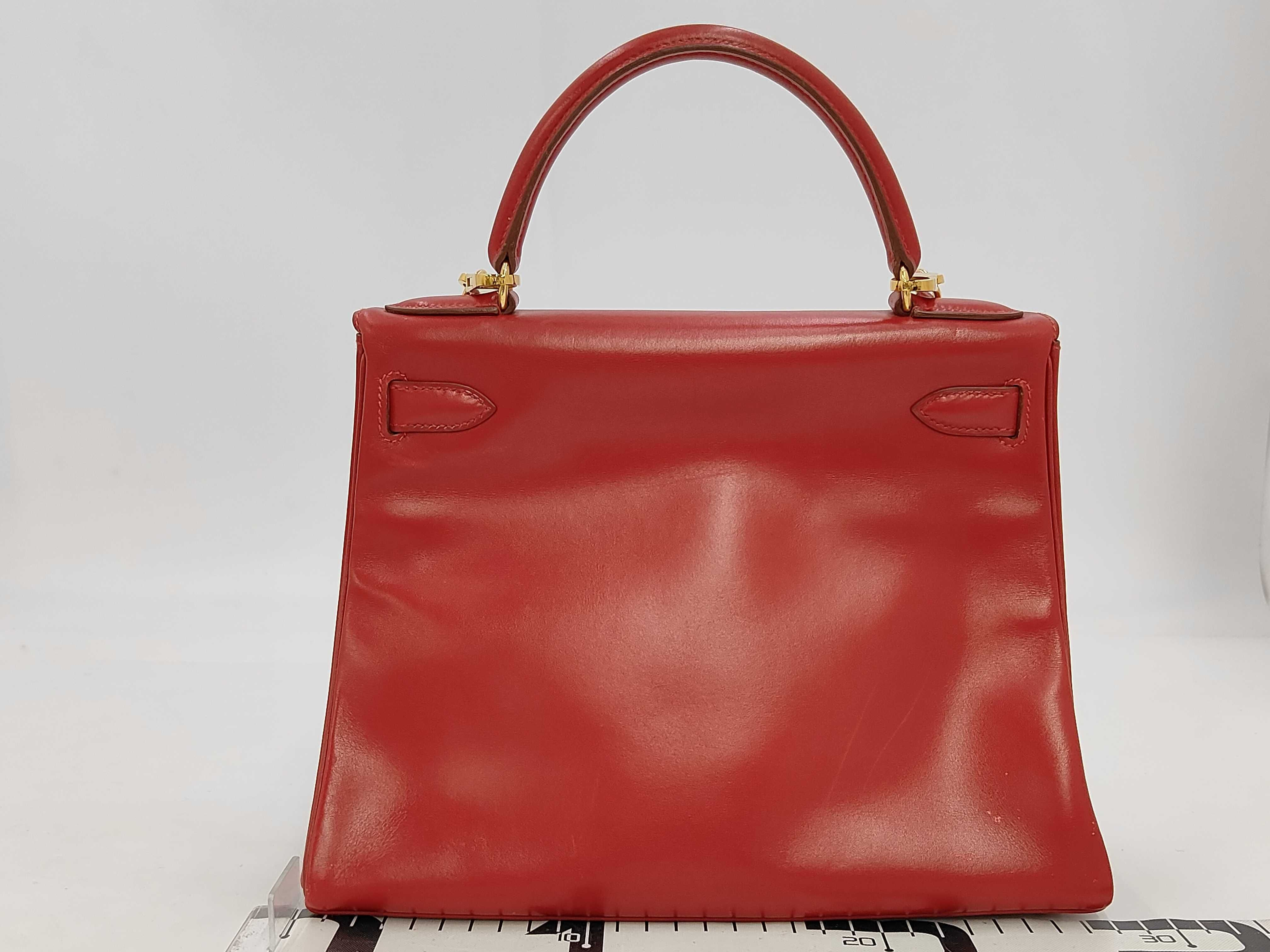Kelly 28 Box Calf Leather Handbag, Red Tone, Gold Hardware, W Stamp — view 2