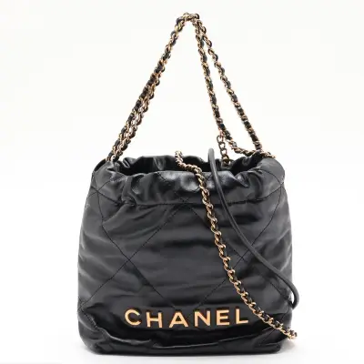 [Individually packaged] Chanel 22 Mini Shiny Calfskin Chain Shoulder Bag, Black with Gold Hardware, JJ1E33XH, Random Plate, AS3980