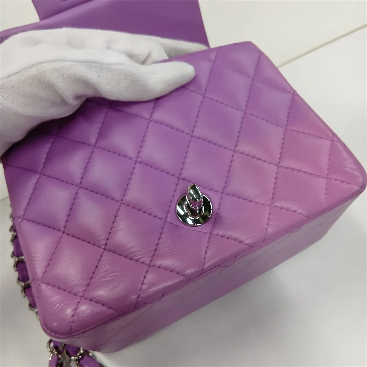 Mini Matelassé 17 Lambskin Single Flap Single Chain Bag, Purple, Silver Hardware, 29349685, Serial Number 29, A35200 — view 10