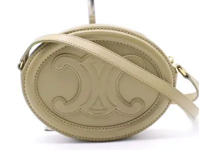 Leather oval purse, Cuir shoulder bag, green, gold hardware.