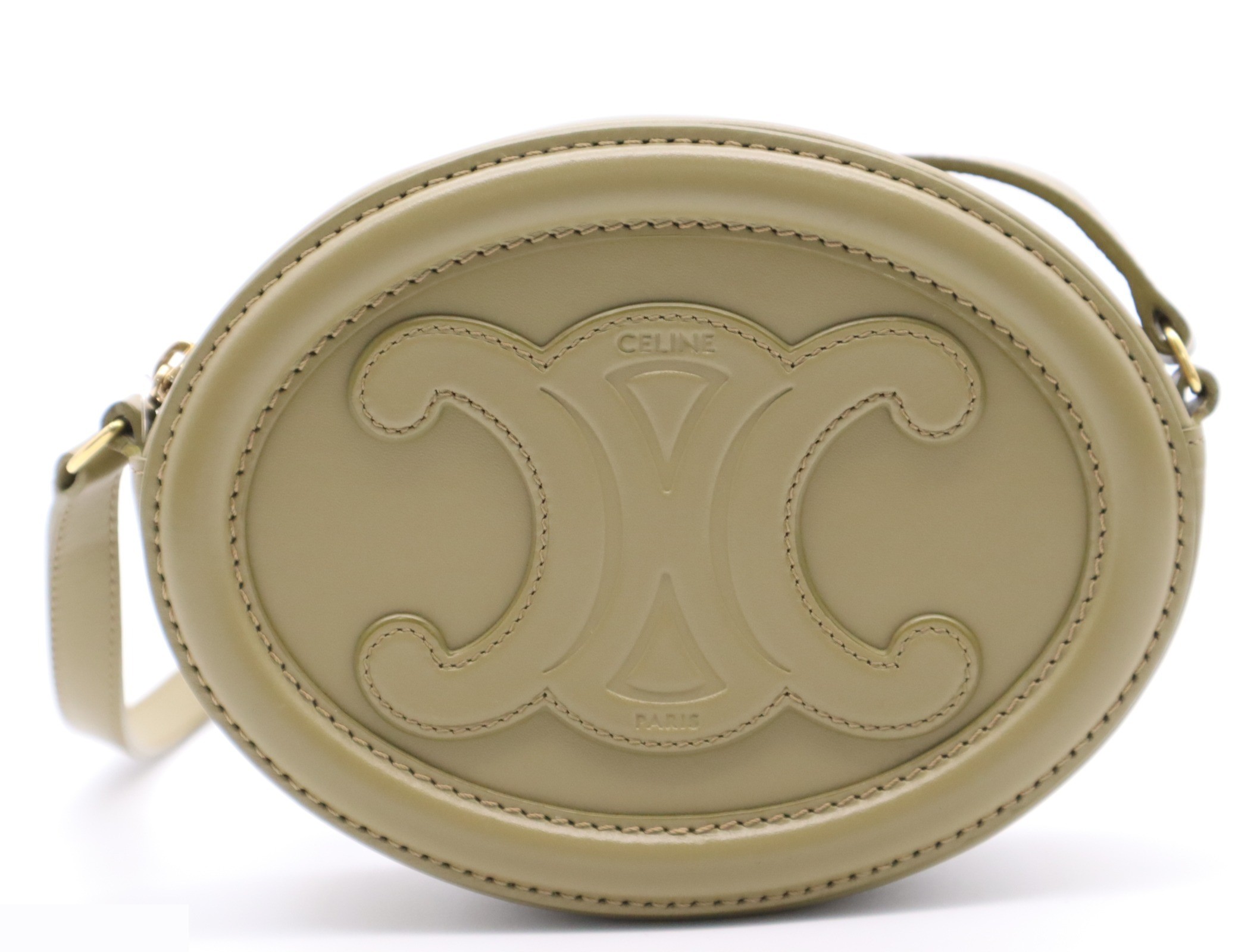 Leather oval purse, Cuir shoulder bag, green, gold hardware. — view 2