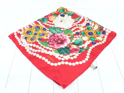 Scarf, red x multi-color, gripoix, floral