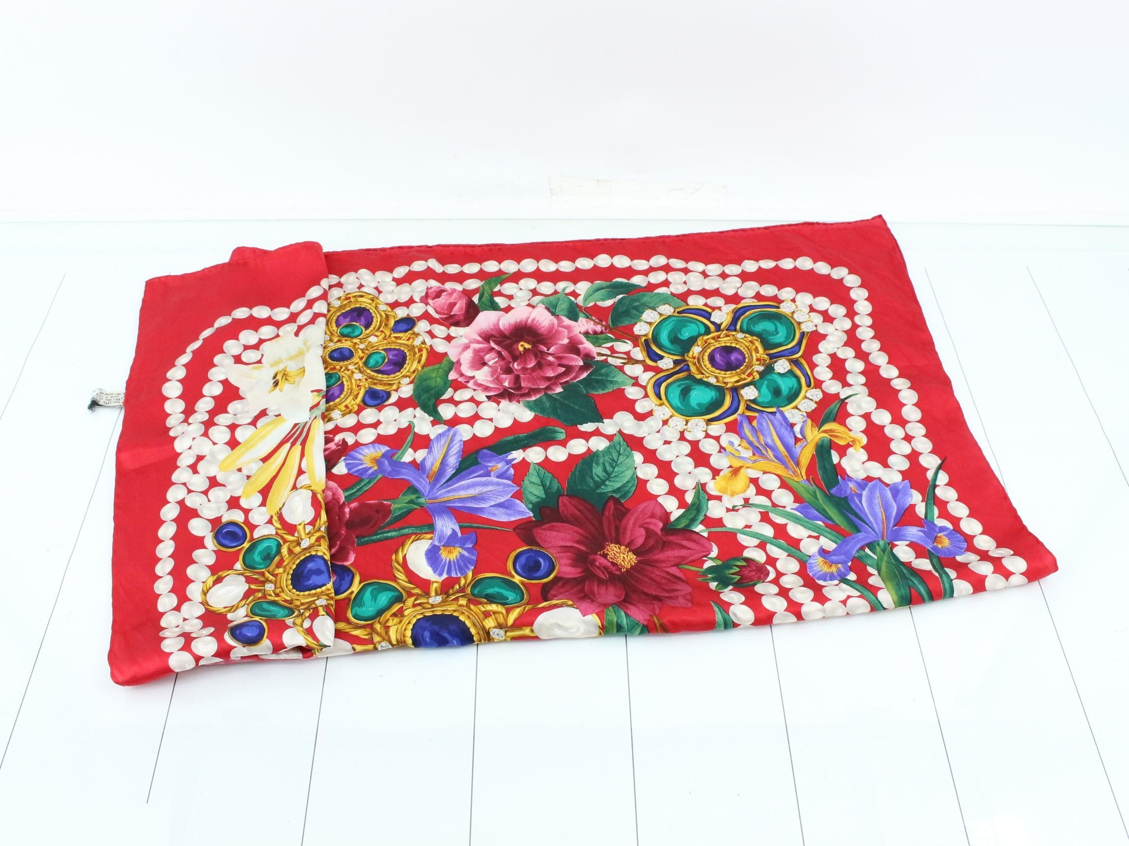 Scarf, red x multi-color, gripoix, floral — view 3