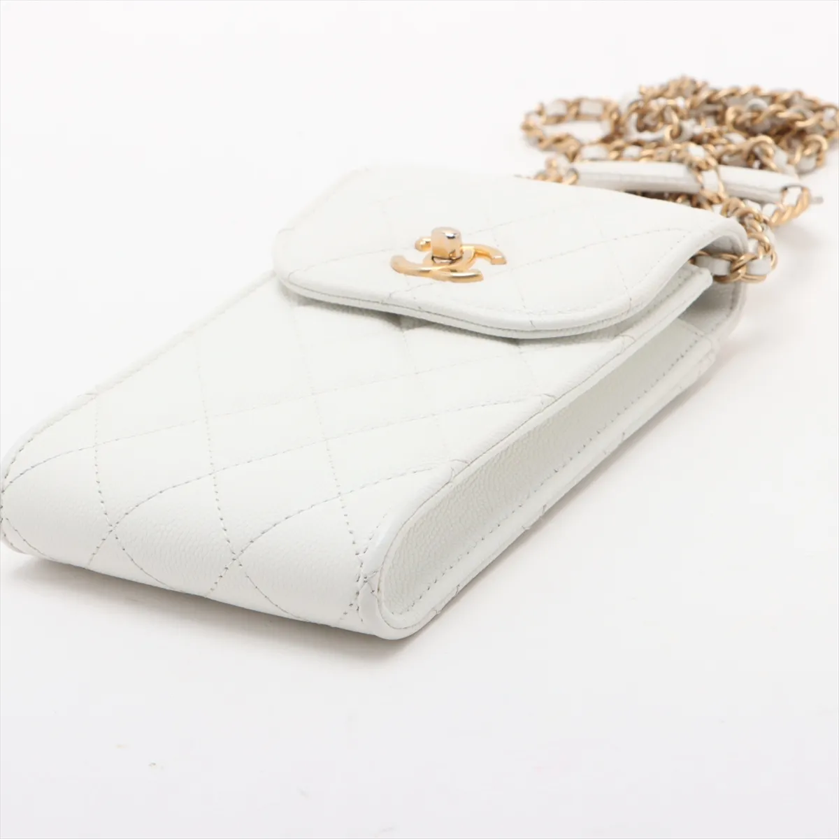 Matelasse caviar skin chain shoulder bag phone case white gold hardware — view 3