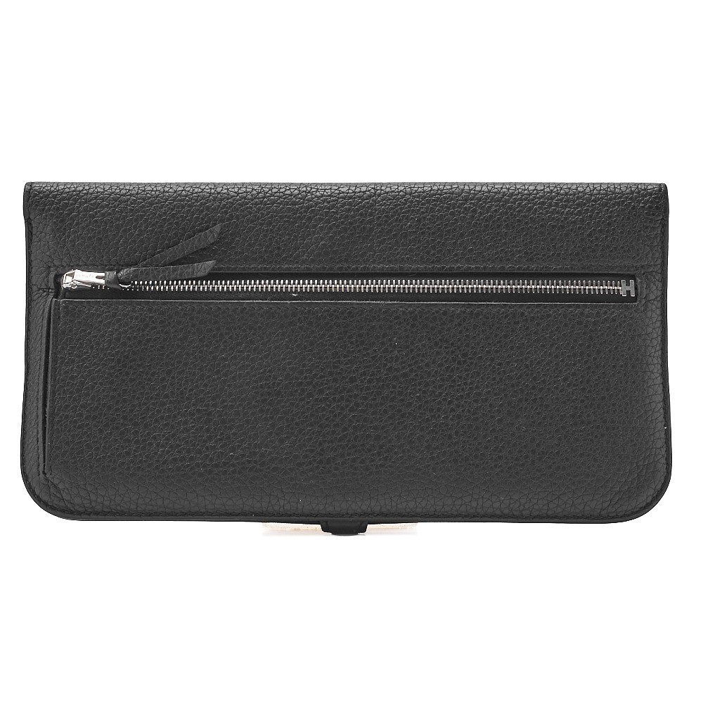 Dogon Long Togo Leather Bi-fold Long Wallet, Black, Silver Hardware, D Stamp — view 2