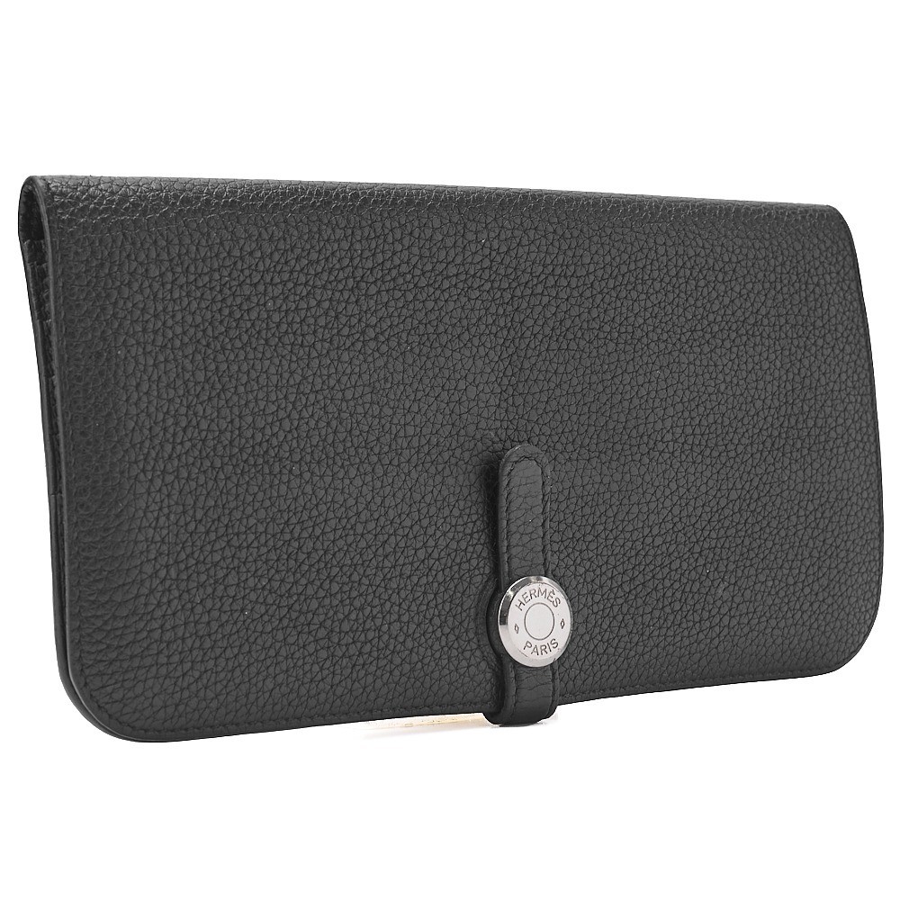 Dogon Long Togo Leather Bi-fold Long Wallet, Black, Silver Hardware, D Stamp — view 3