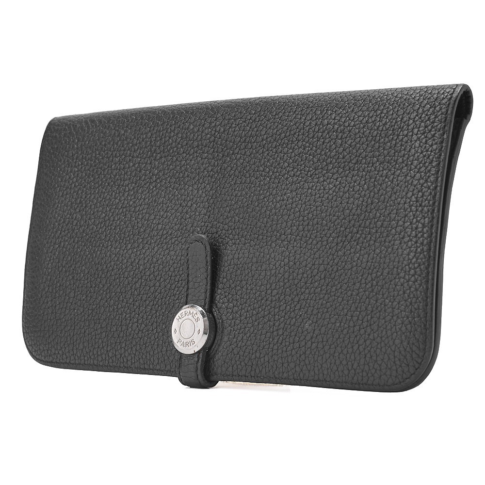 Dogon Long Togo Leather Bi-fold Long Wallet, Black, Silver Hardware, D Stamp — view 4