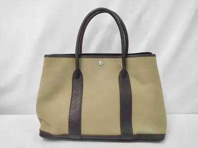 Garden Party PM Tote Bag, Toile Officier Leather, Khaki Brown, Stamped Tote Bag