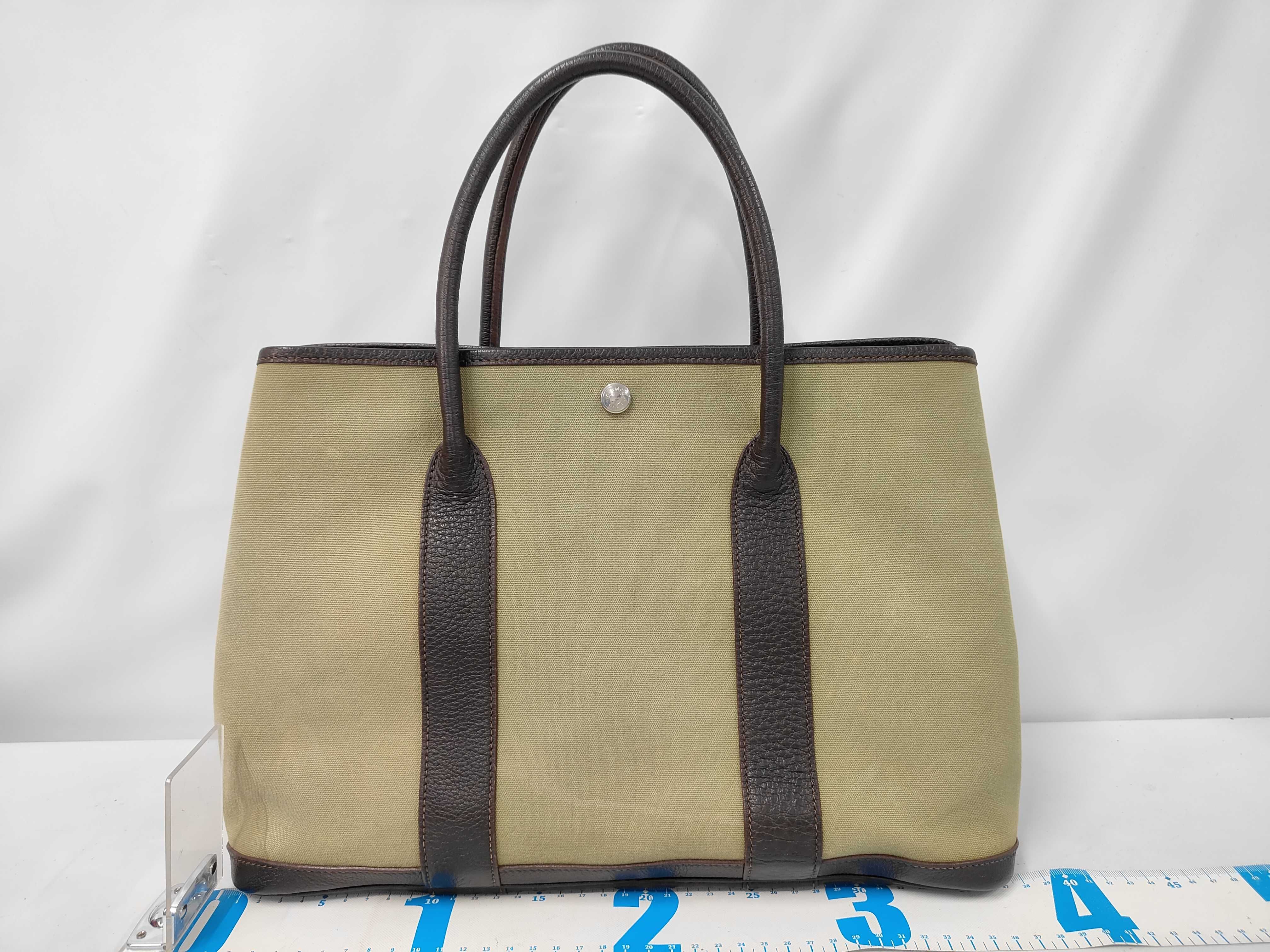 Garden Party PM Tote Bag, Toile Officier Leather, Khaki Brown, Stamped Tote Bag — view 2
