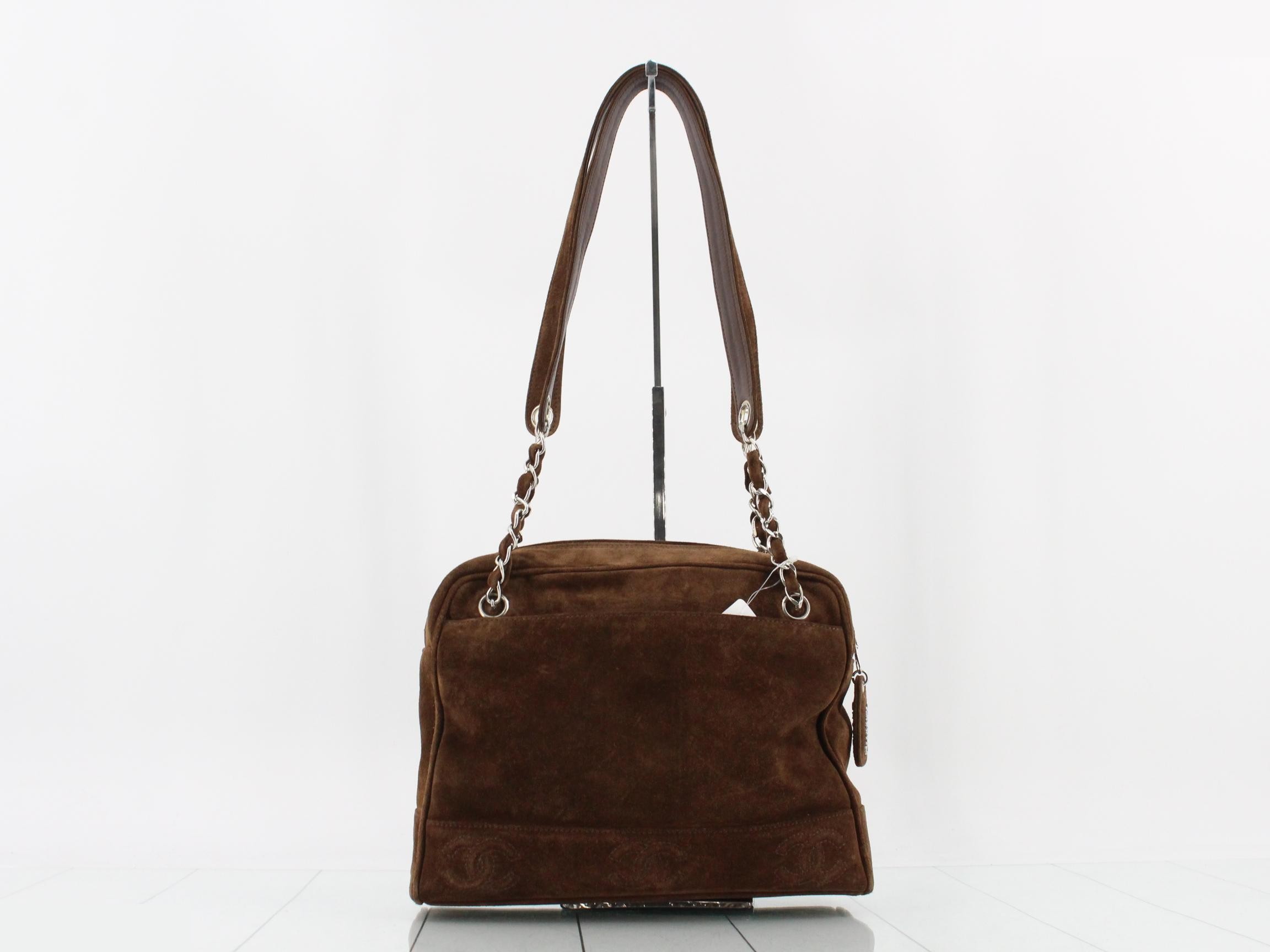 Suede Triple Coco Mark Chain Semi-Shoulder Bag, Brown — view 2