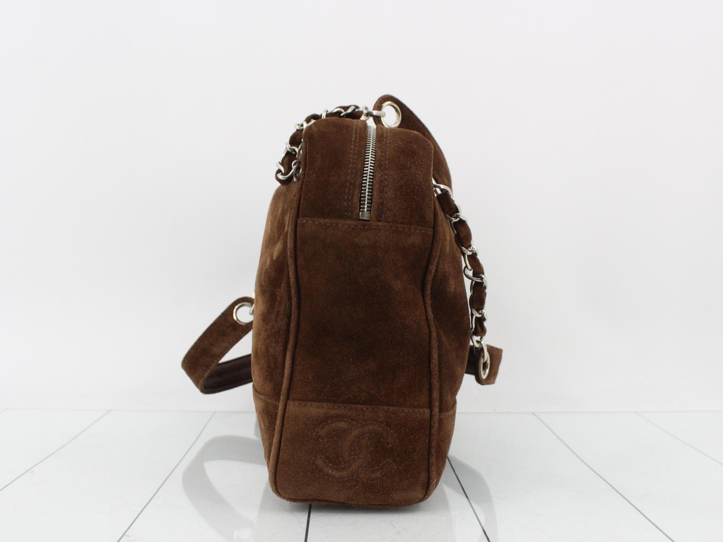 Suede Triple Coco Mark Chain Semi-Shoulder Bag, Brown — view 3