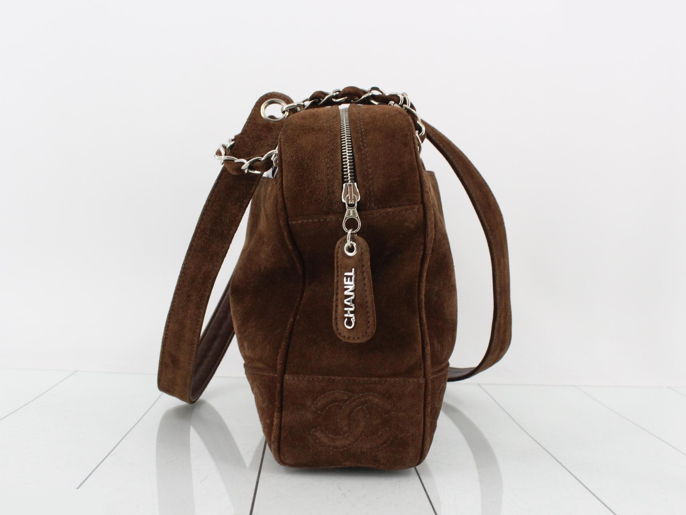 Suede Triple Coco Mark Chain Semi-Shoulder Bag, Brown — view 4
