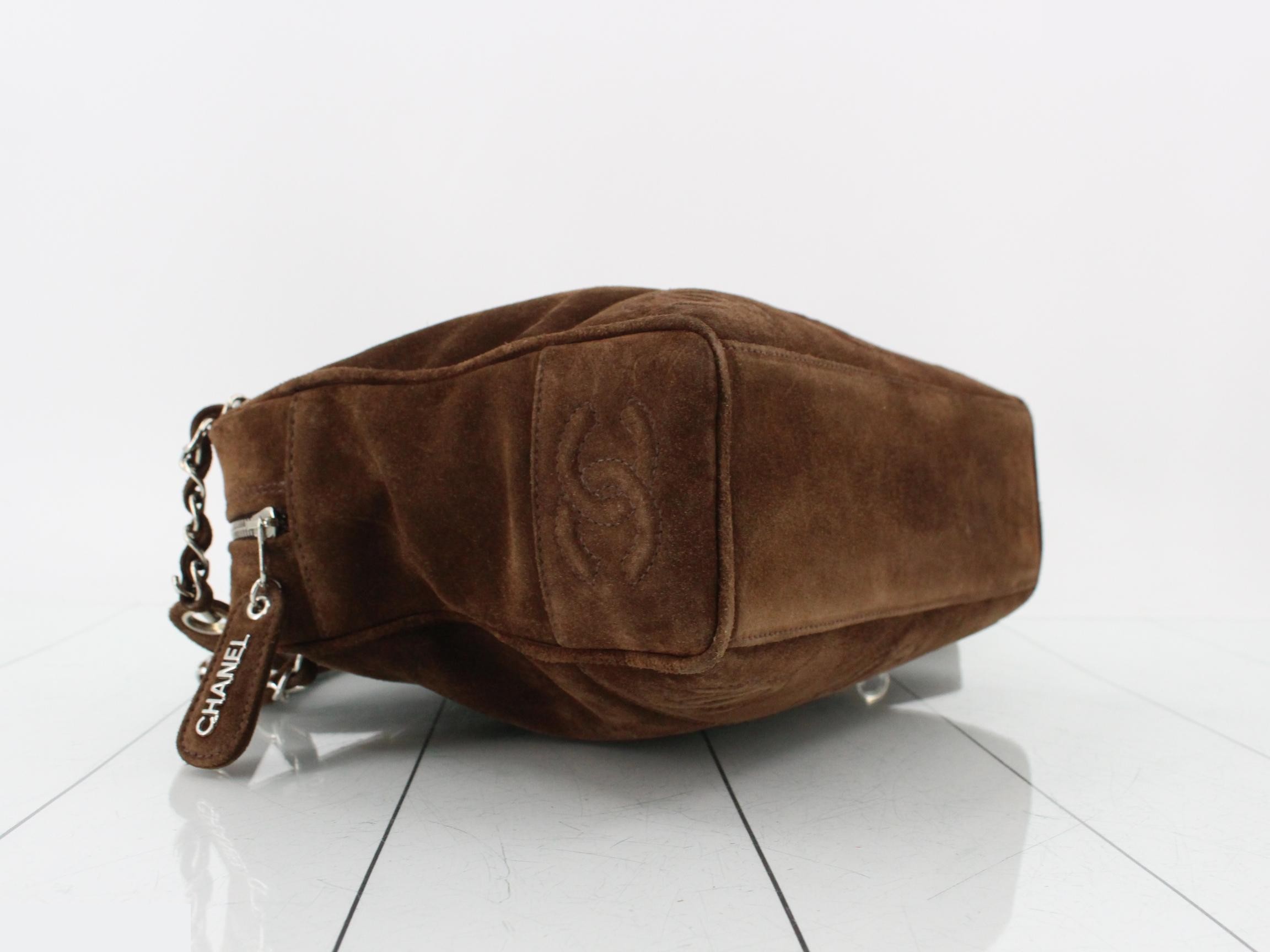 Suede Triple Coco Mark Chain Semi-Shoulder Bag, Brown — view 5
