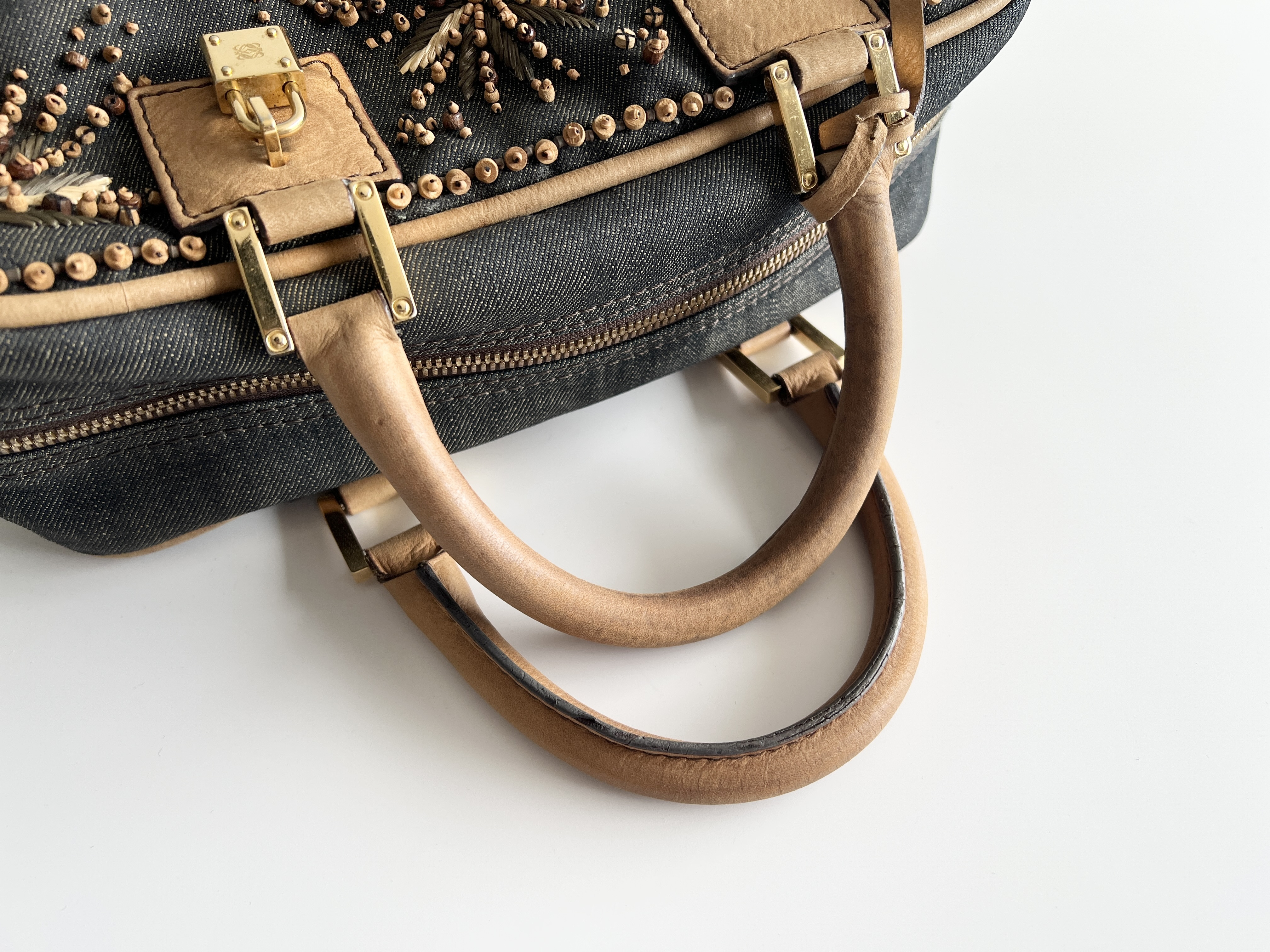 Amazona 28 Beaded and Embellished Denim Leather Anagram Logo Handbag Mini Boston Bag — view 3