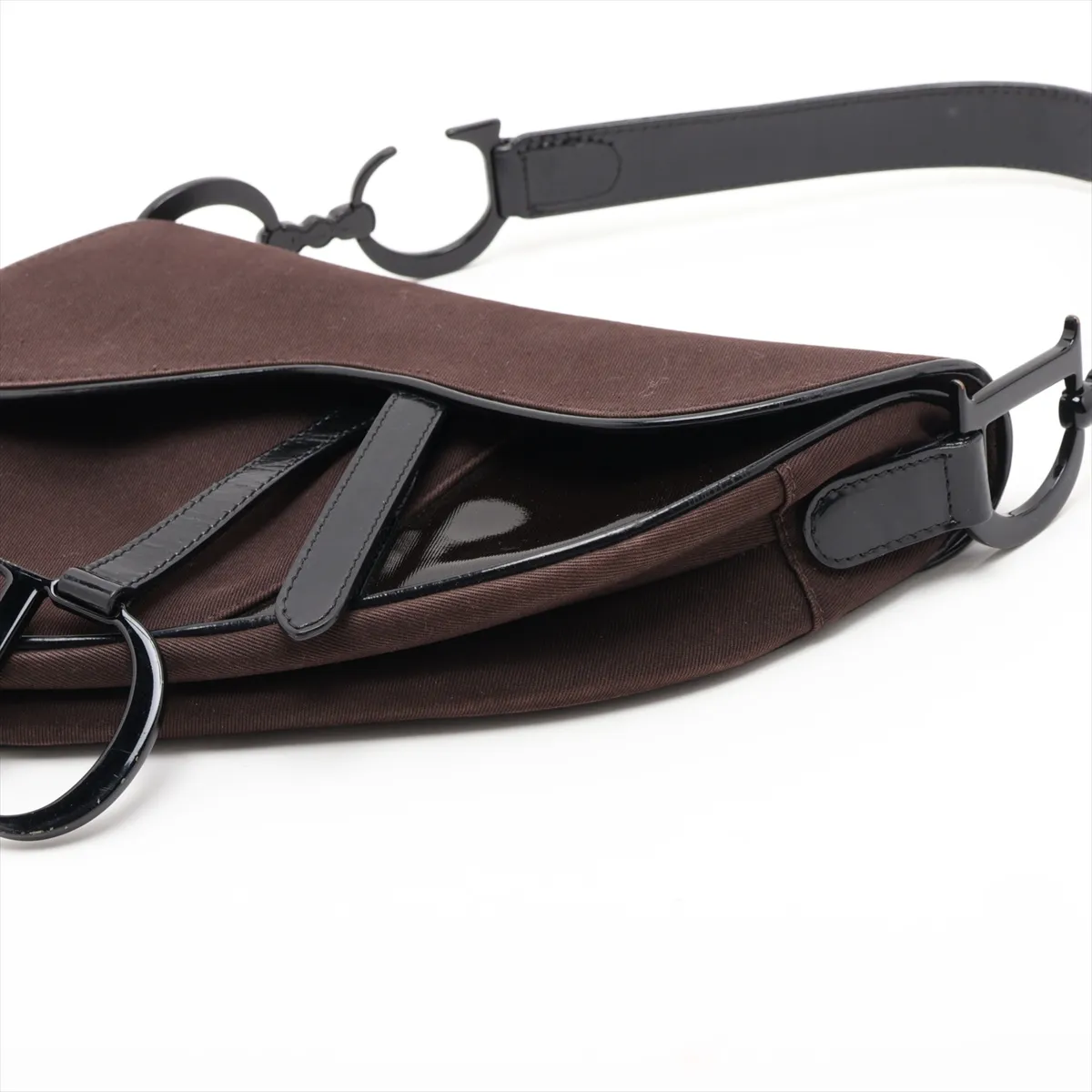 Saddle Canvas x Patent Leather Handbag, Brown — view 3