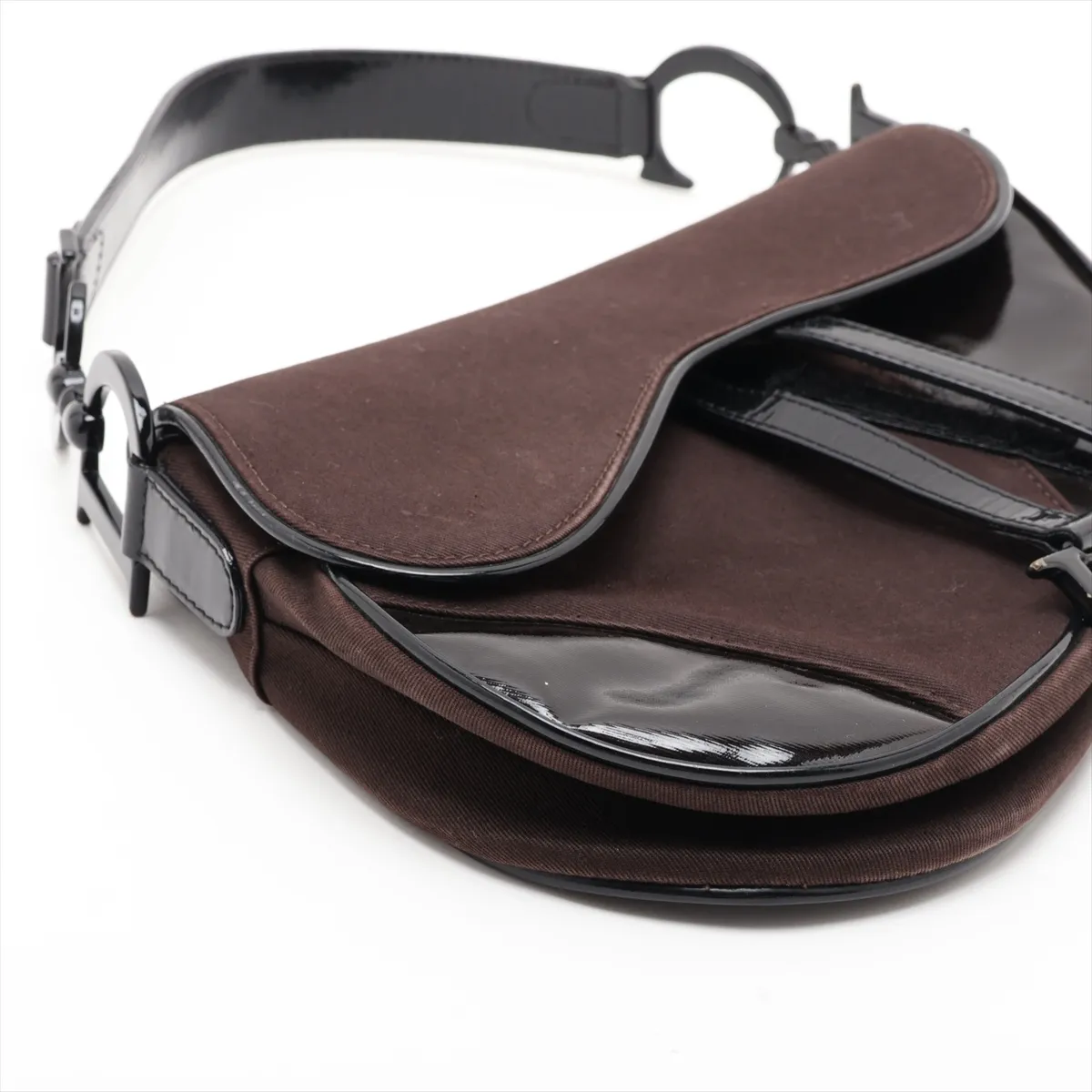 Saddle Canvas x Patent Leather Handbag, Brown — view 4