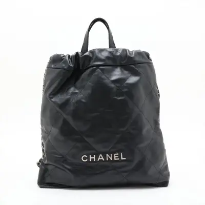 22 Backpack, Shiny Calfskin Chain Backpack, Black with Silver Hardware, X0U8325K, Random Plate, AS3313