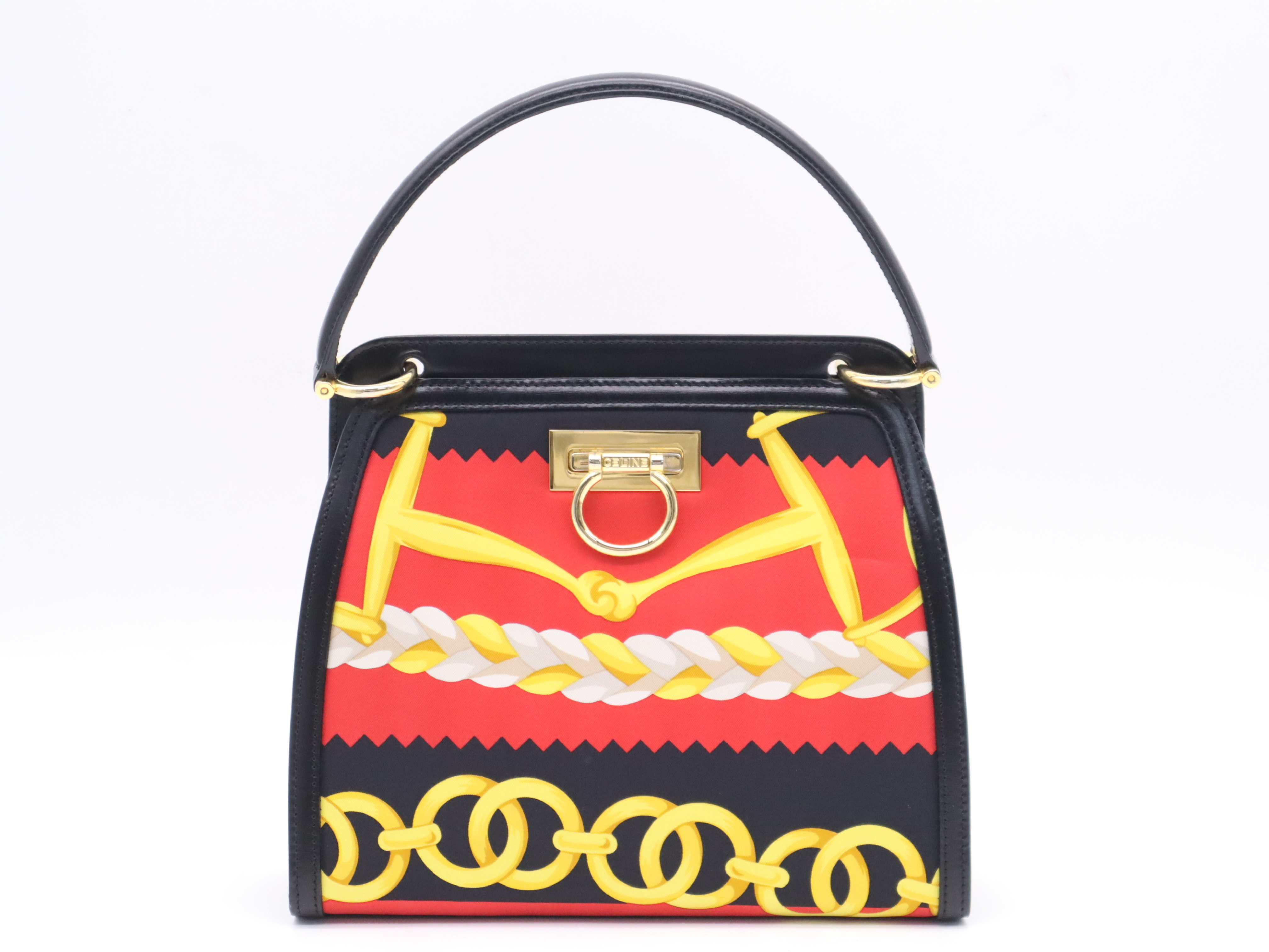 Silk x Leather 2-Way Handbag with Scarf Print, Red & Black, with Shoulder Strap — view 2