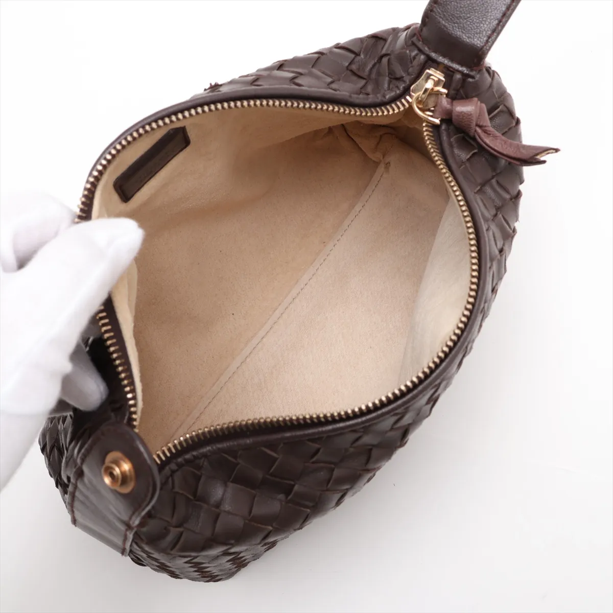 Intrecciato Leather Handbag, Brown — view 7
