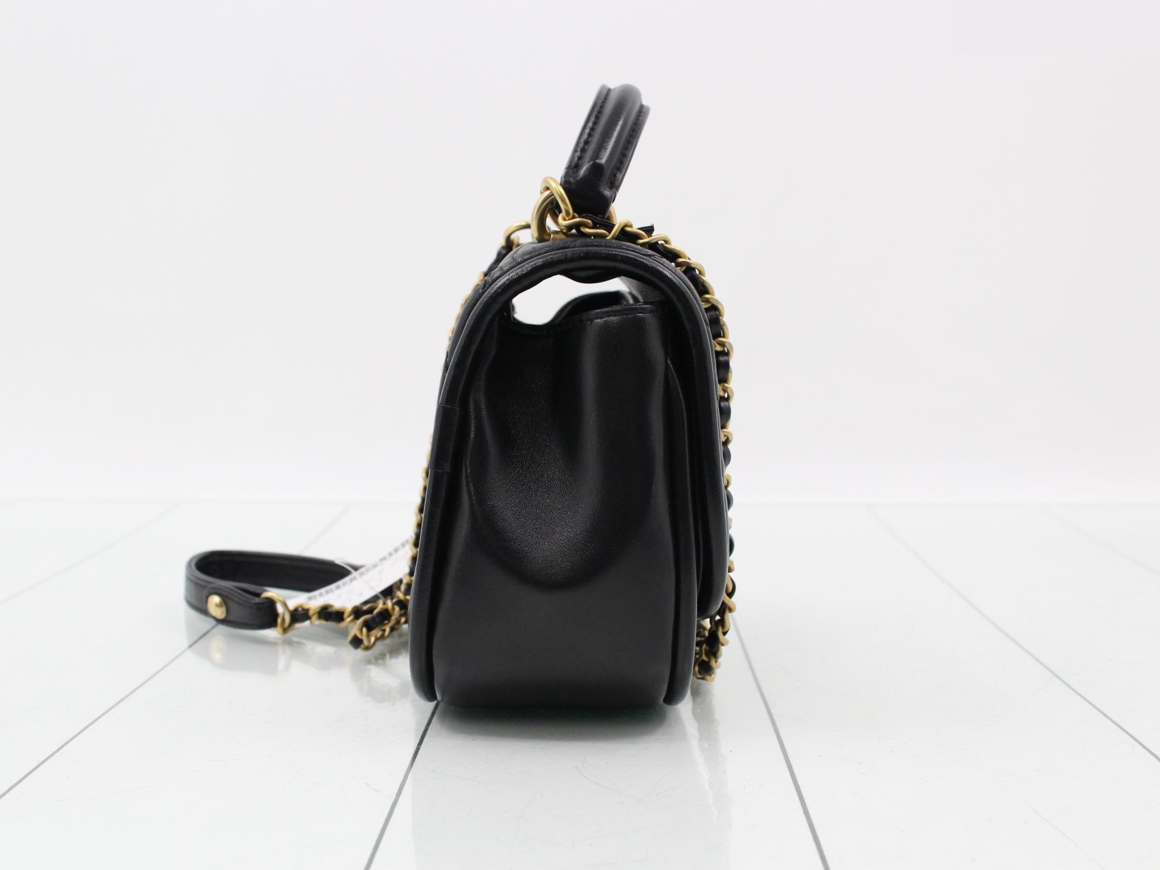 Leather V-stitch turn-lock 2-way handbag/chain shoulder bag, black — view 4