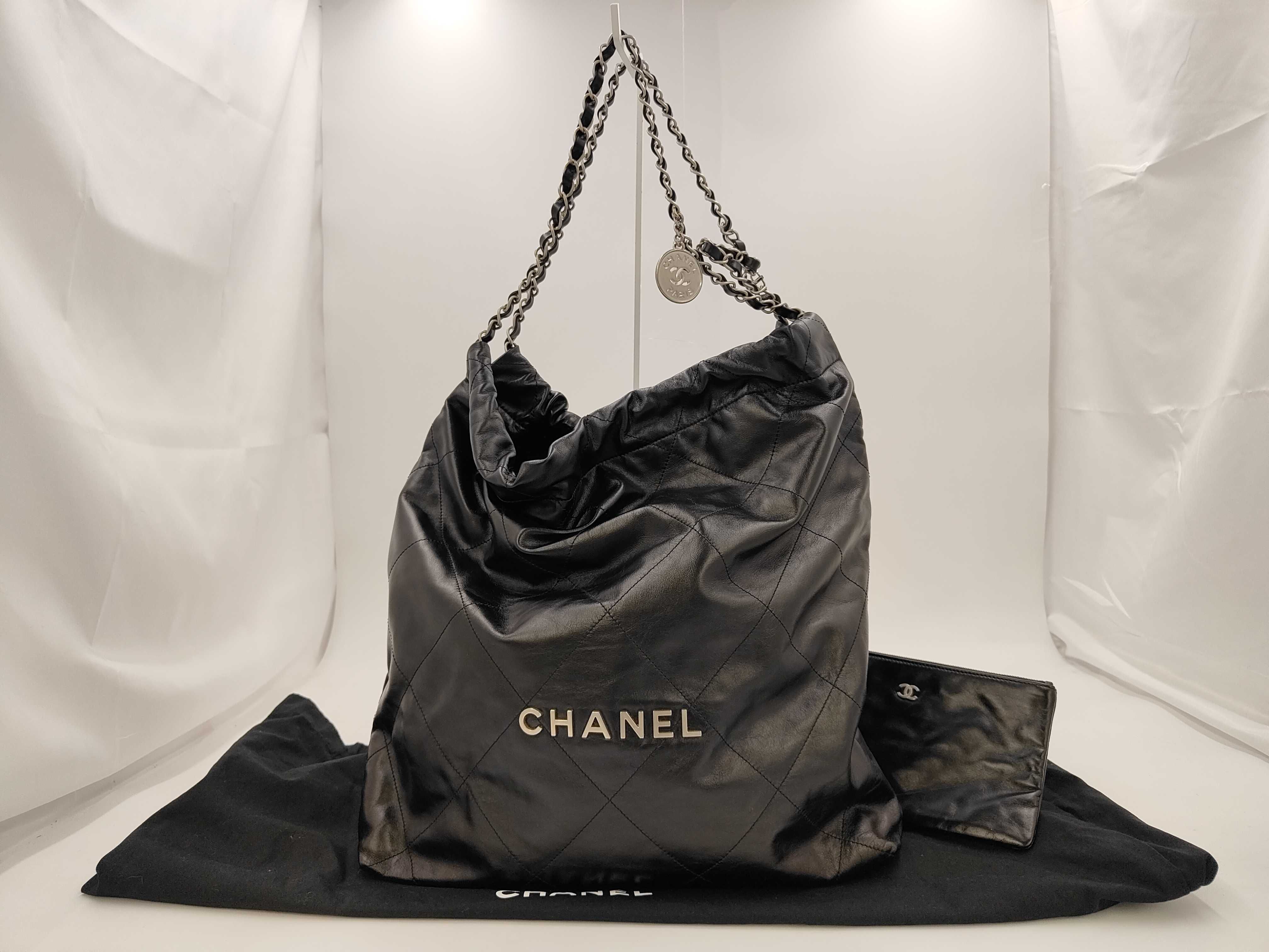 22 K34T74H4 Chain Shoulder Bag, Shiny Calfskin, Black, Silver Hardware, Tote Bag