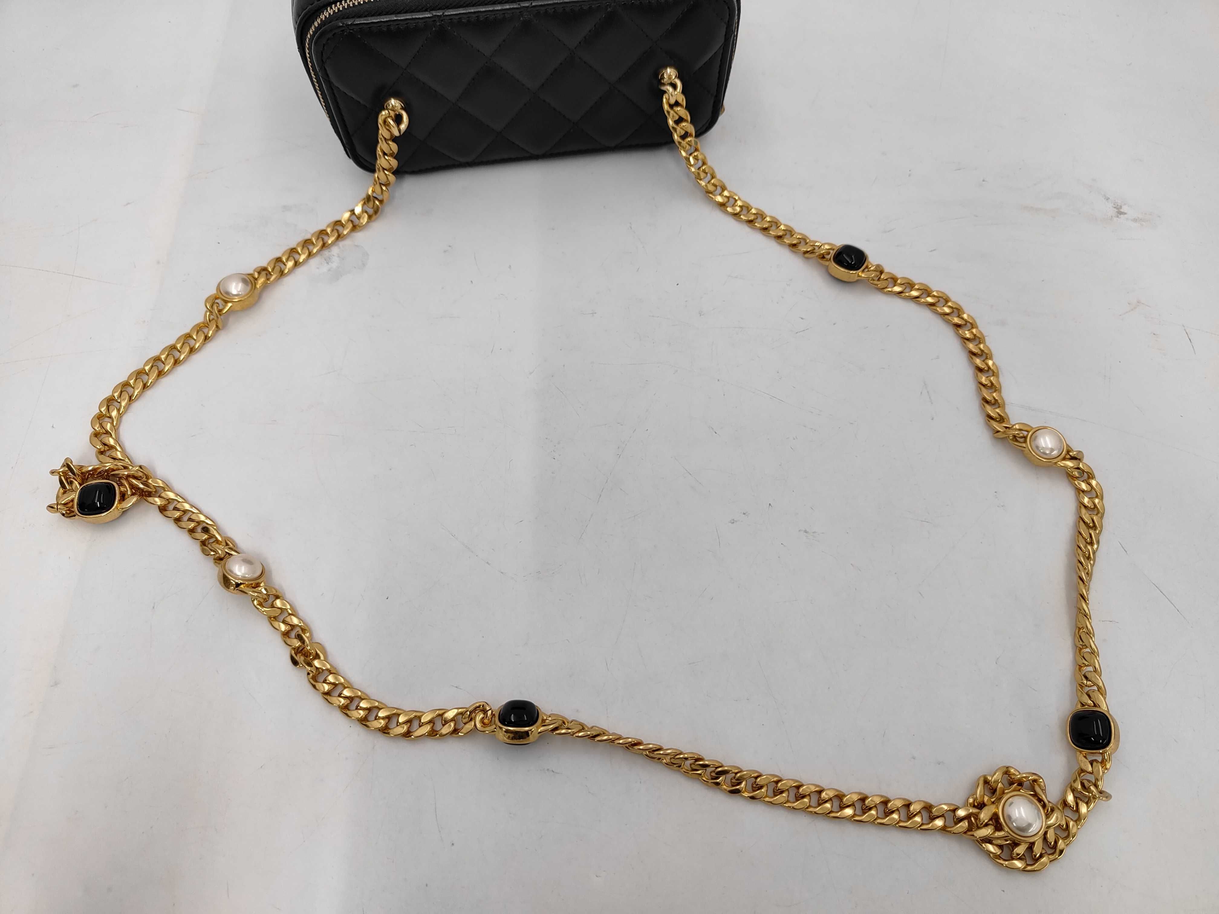 Matelassé Double Zipper Vanity Case, Black Lambskin, with Mirror, Chain Shoulder Strap, Gold Hardware Bag — view 3