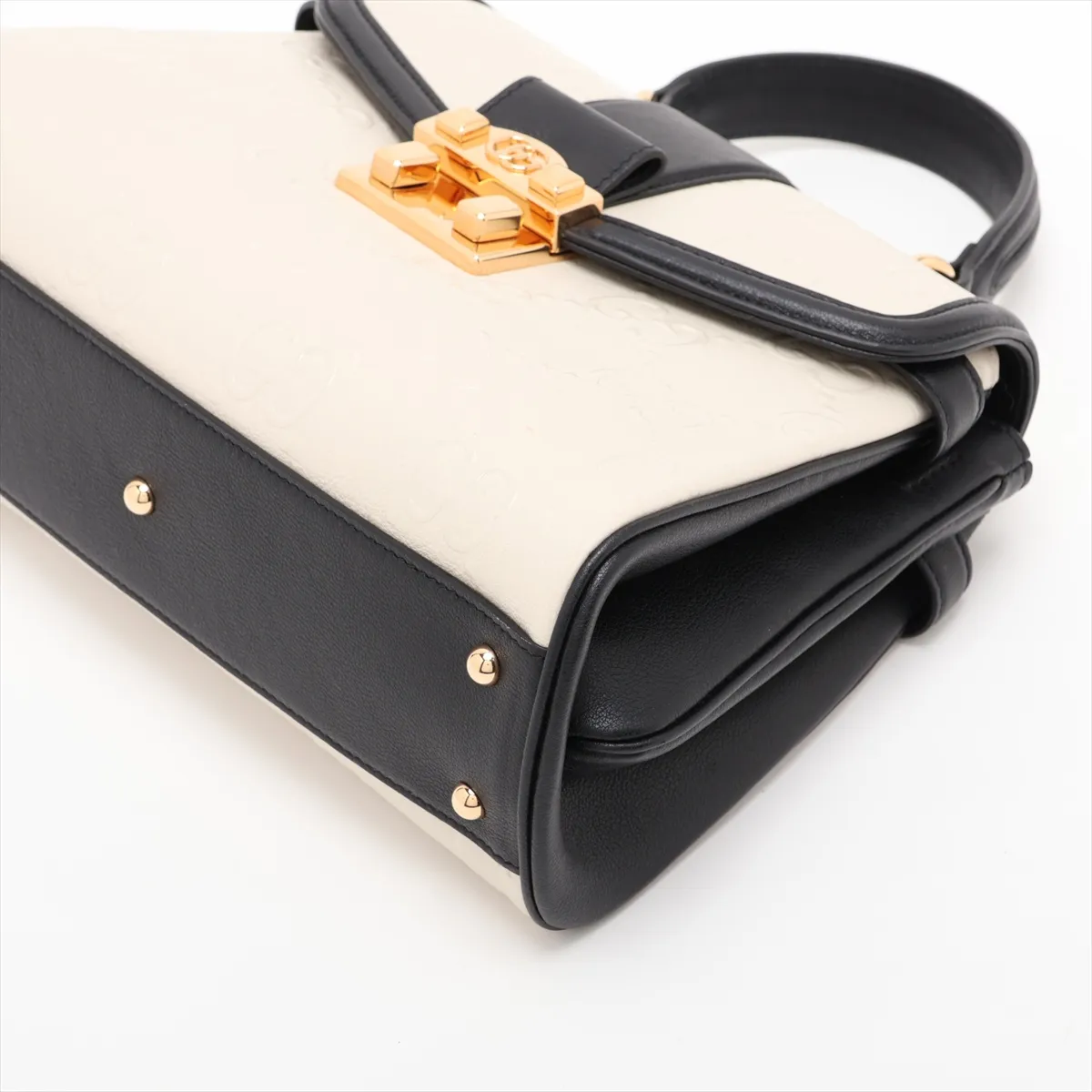 GG Debossed Leather 2-Way Handbag, Beige x Black, 675791 — view 3