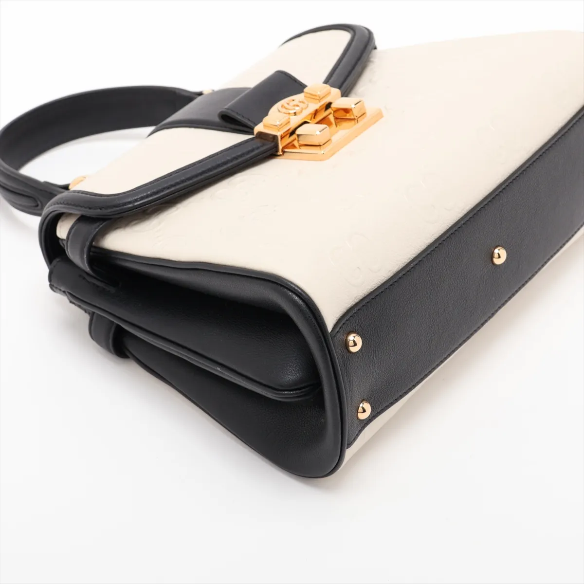 GG Debossed Leather 2-Way Handbag, Beige x Black, 675791 — view 4