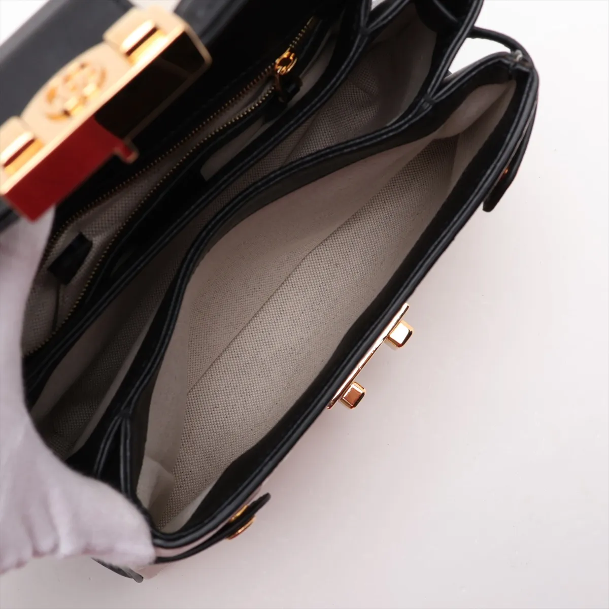 GG Debossed Leather 2-Way Handbag, Beige x Black, 675791 — view 9