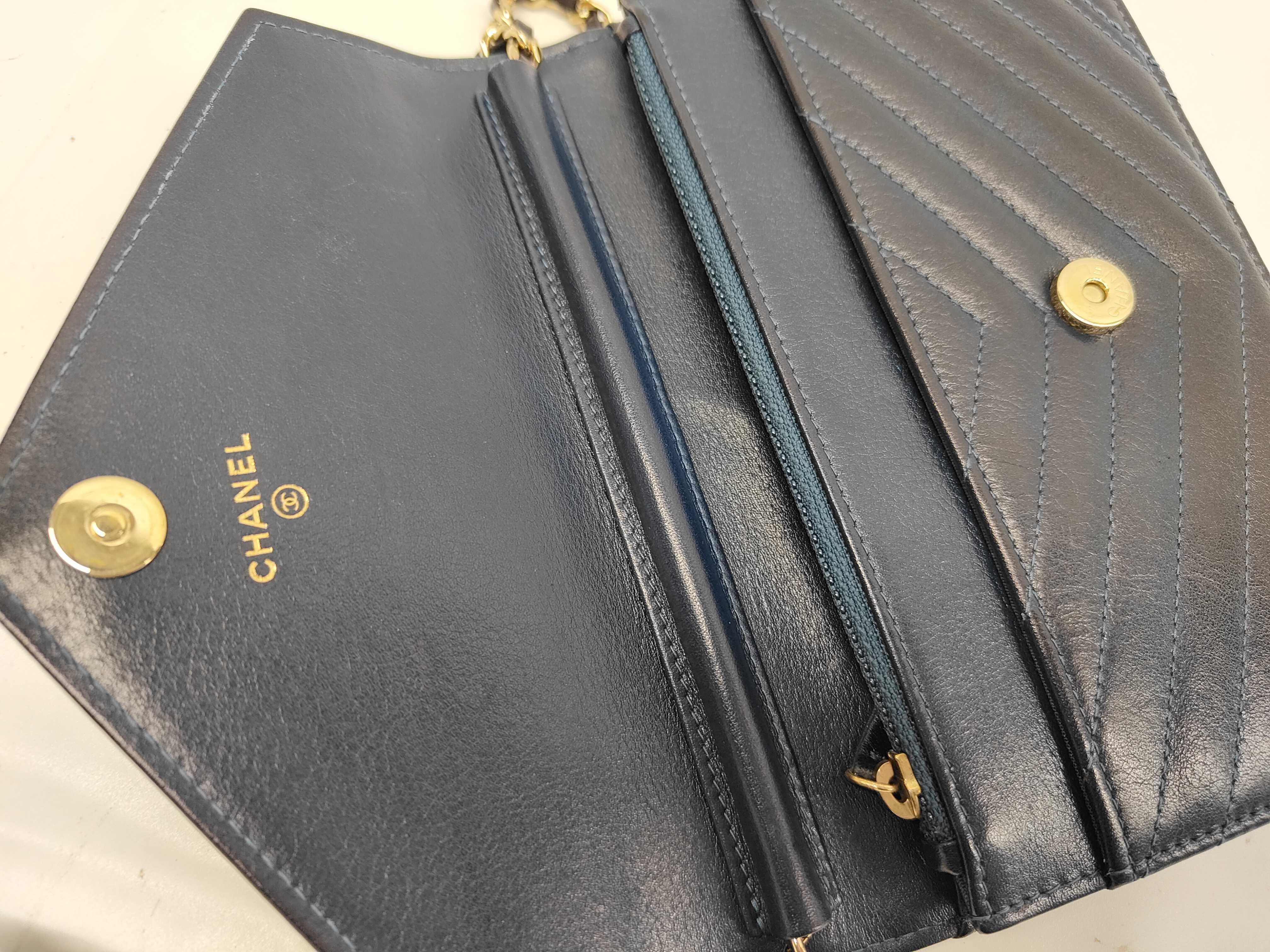 Chevron V-stitch Chain Wallet, Black Lambskin, Gold Hardware, Shoulder Bag — view 8
