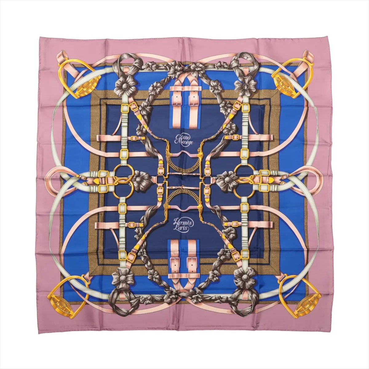 Carre 90 GRAND MANEGE Great Training Technique Scarf Silk Pink x Blue Thread