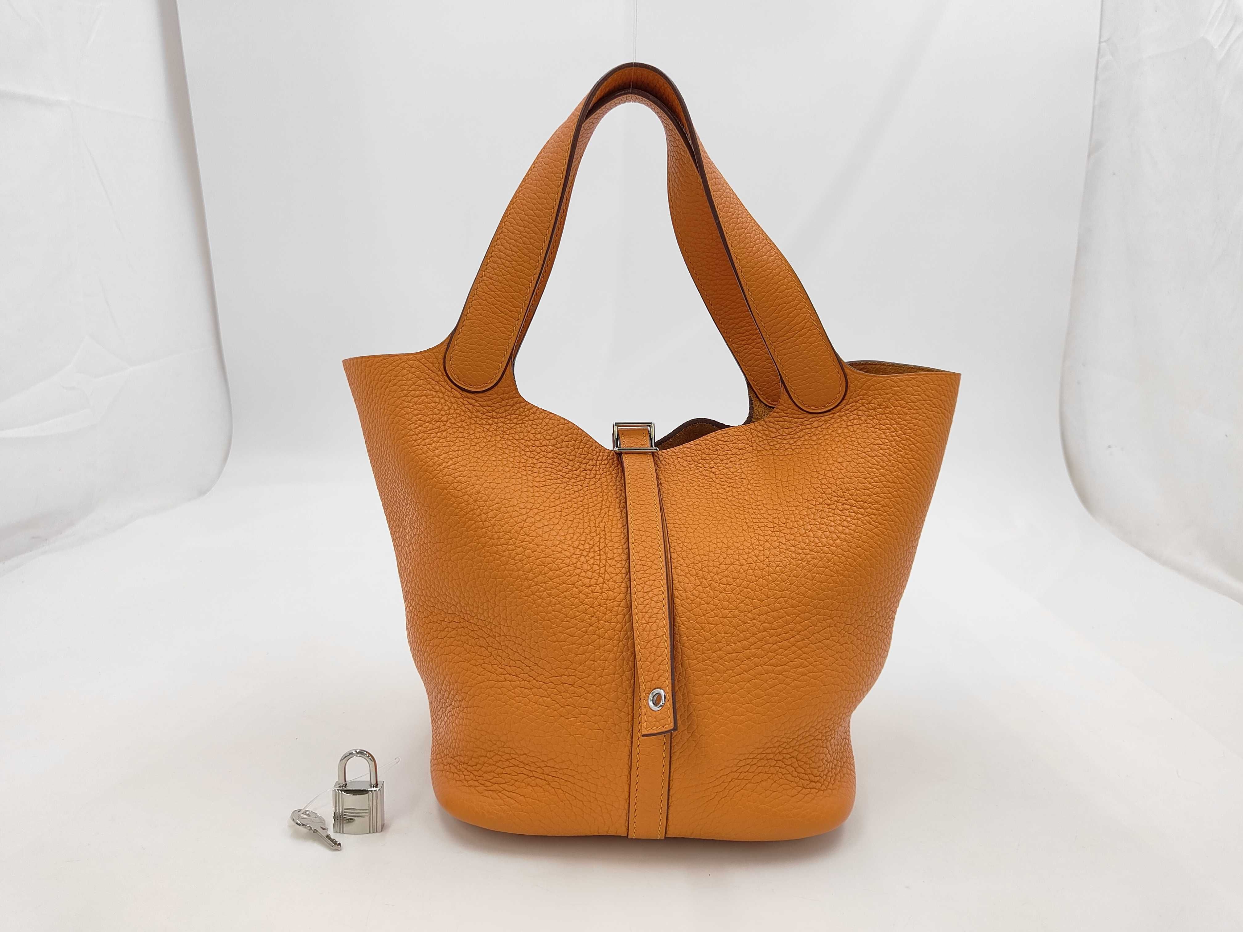 Picotan Lock MM 22 Taurillon Orange Silver Hardware C Engraved Handbag
