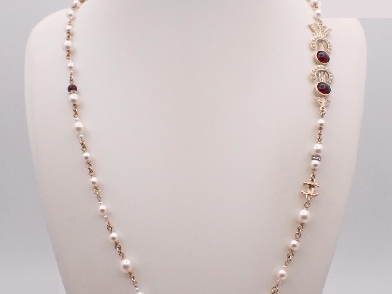 Coco Mark Pearl Stone Long Necklace, Total Length Approx. 110cm