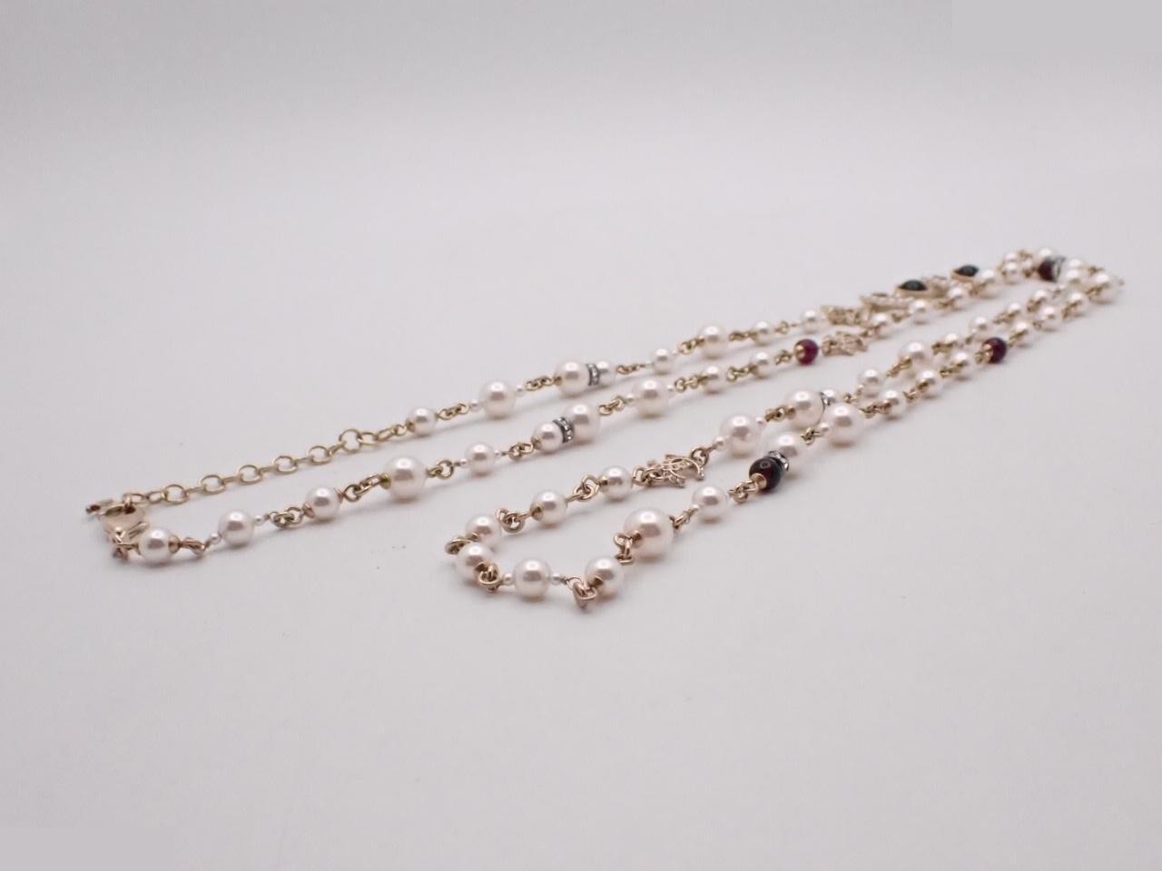 Coco Mark Pearl Stone Long Necklace, Total Length Approx. 110cm — view 3