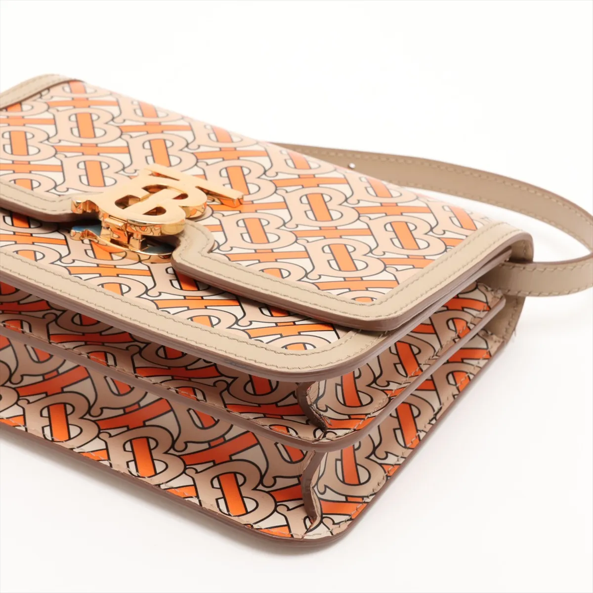 TB Leather Shoulder Bag, Beige x Orange — view 3