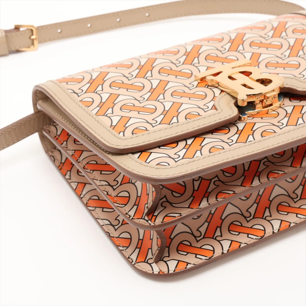 TB Leather Shoulder Bag, Beige x Orange — view 4