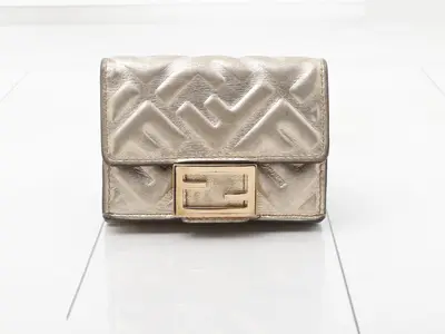 Bucket Micro Tri-fold Wallet, FF Logo, Embossed Leather, Metallic