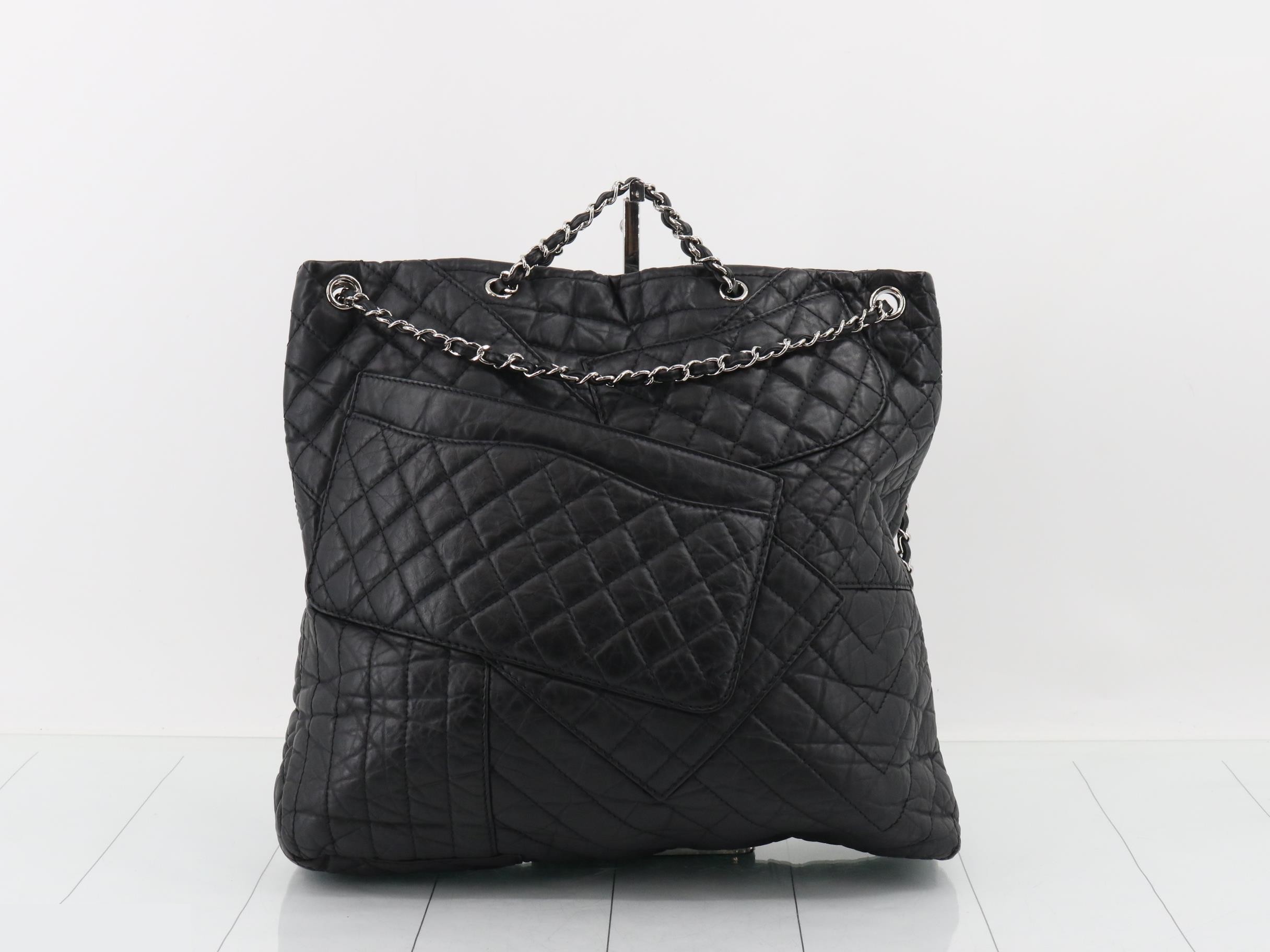 Leather, 2.55mm hardware, 2-way chain tote/double chain shoulder bag, black. — view 2