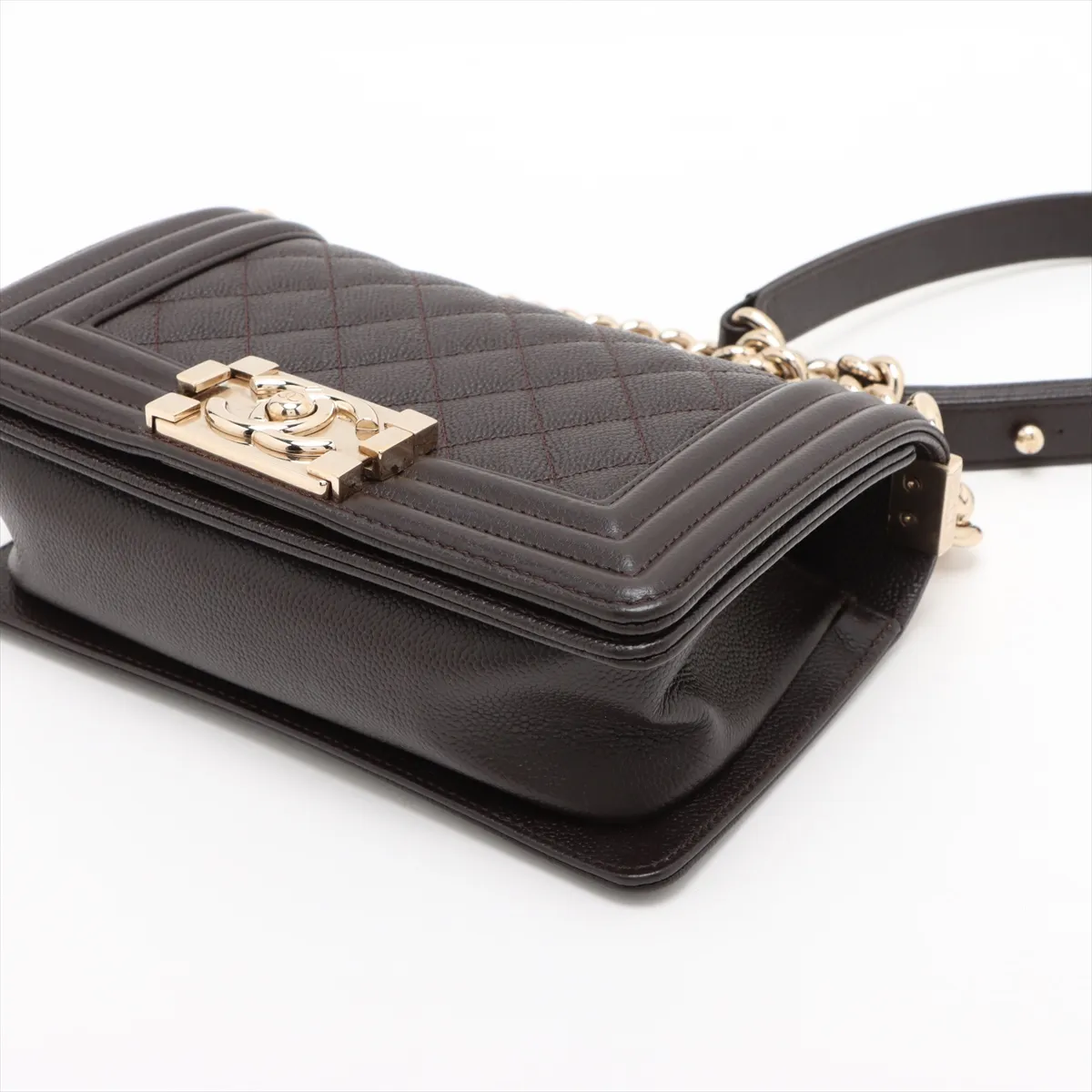 Boy Chanel 20 Small Caviar Skin Chain Shoulder Bag Brown Gold Hardware TH418GHG Random Plate — view 3