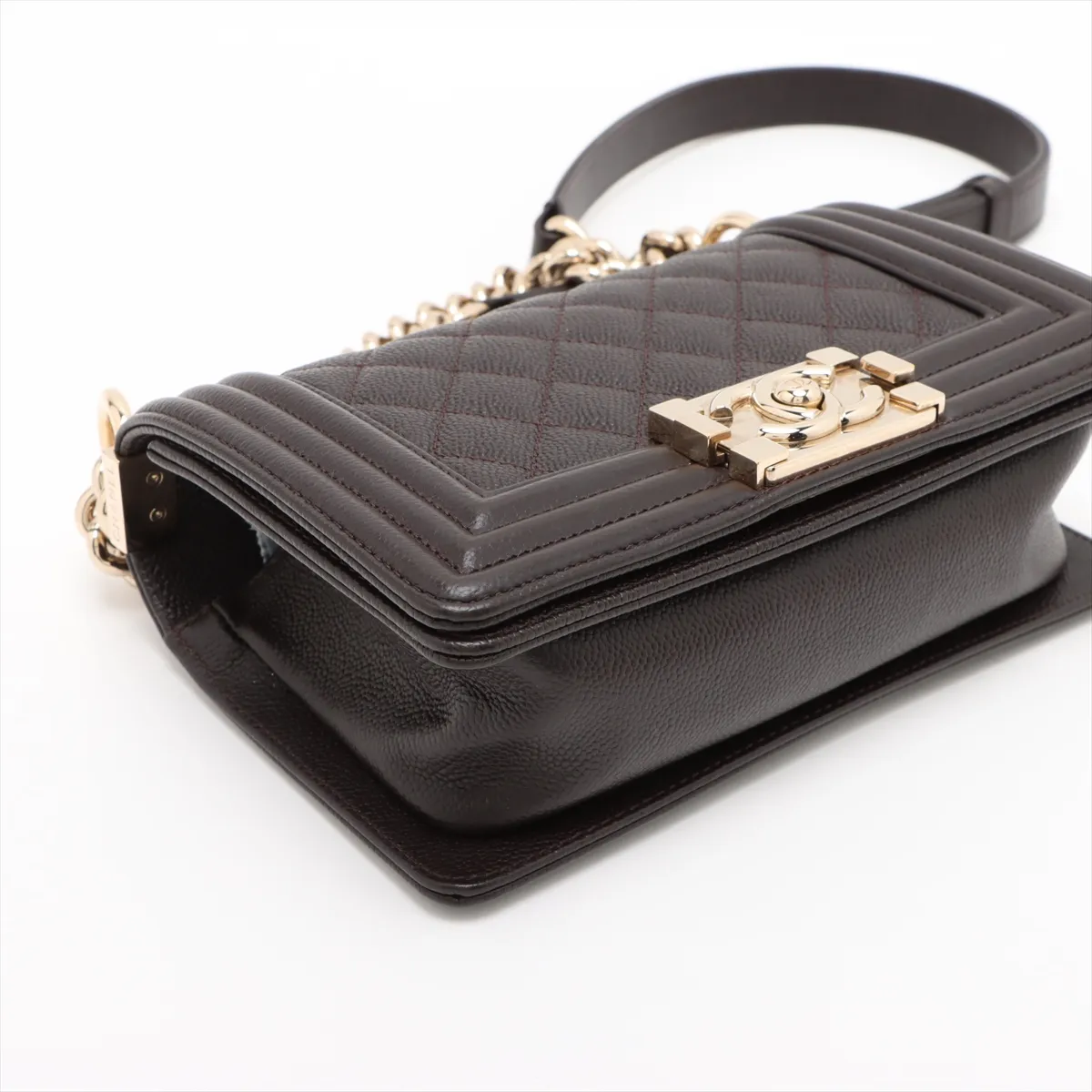 Boy Chanel 20 Small Caviar Skin Chain Shoulder Bag Brown Gold Hardware TH418GHG Random Plate — view 4