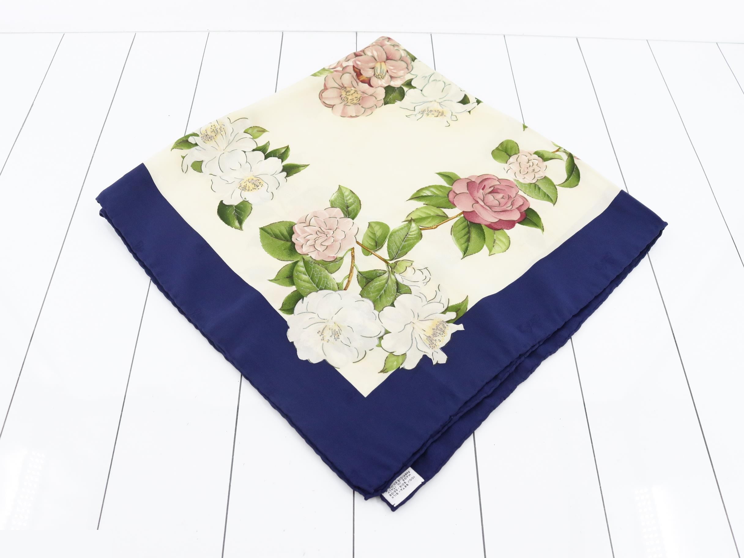 Vintage large silk scarf with scattered logo and tag. — view 2