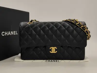 Matelassé 25 Double Flap Chain Shoulder Bag, Caviar Leather, Black with Gold Hardware, AA79J797 (Shoulder Bag)