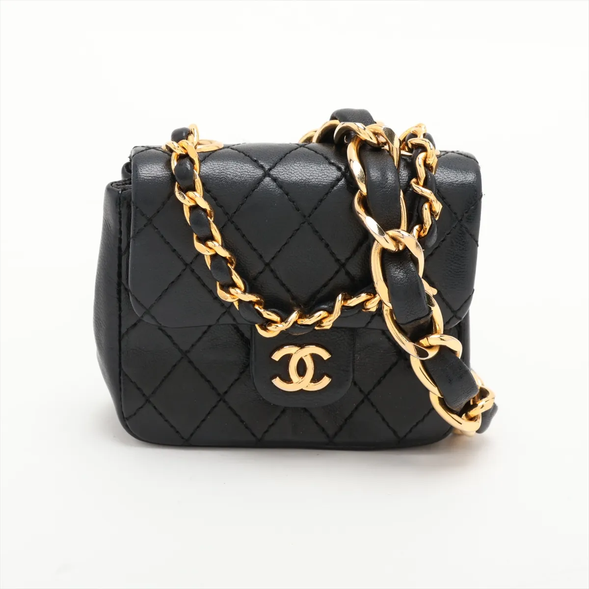Matelassé Lambskin Waist Pouch, Push-Lock, Black with Gold Hardware