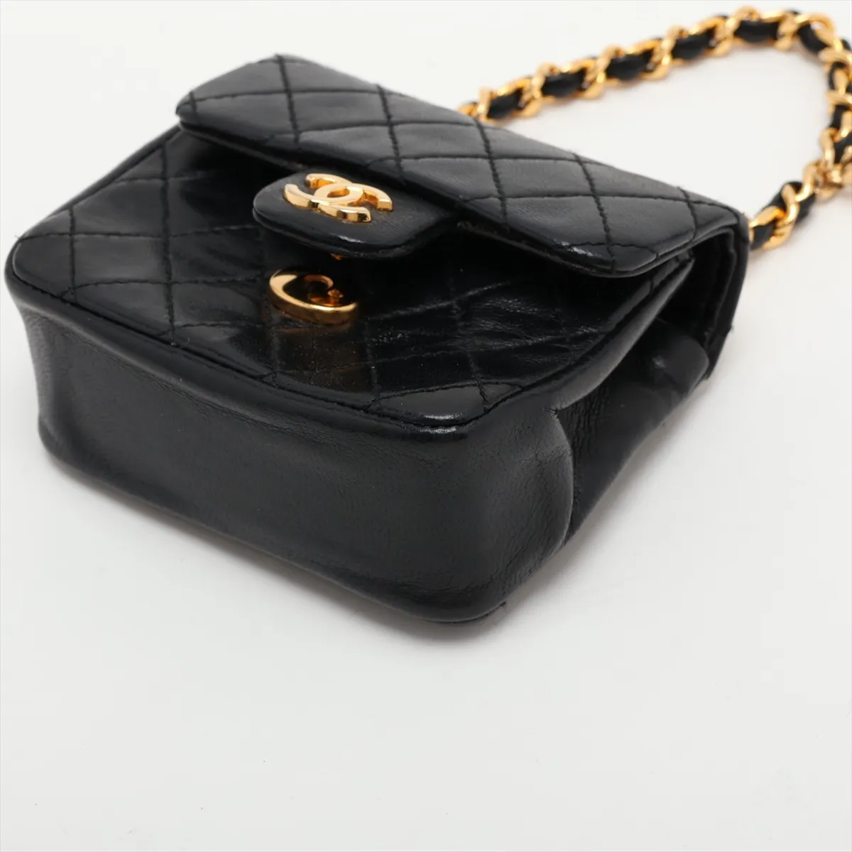 Matelassé Lambskin Waist Pouch, Push-Lock, Black with Gold Hardware — view 3