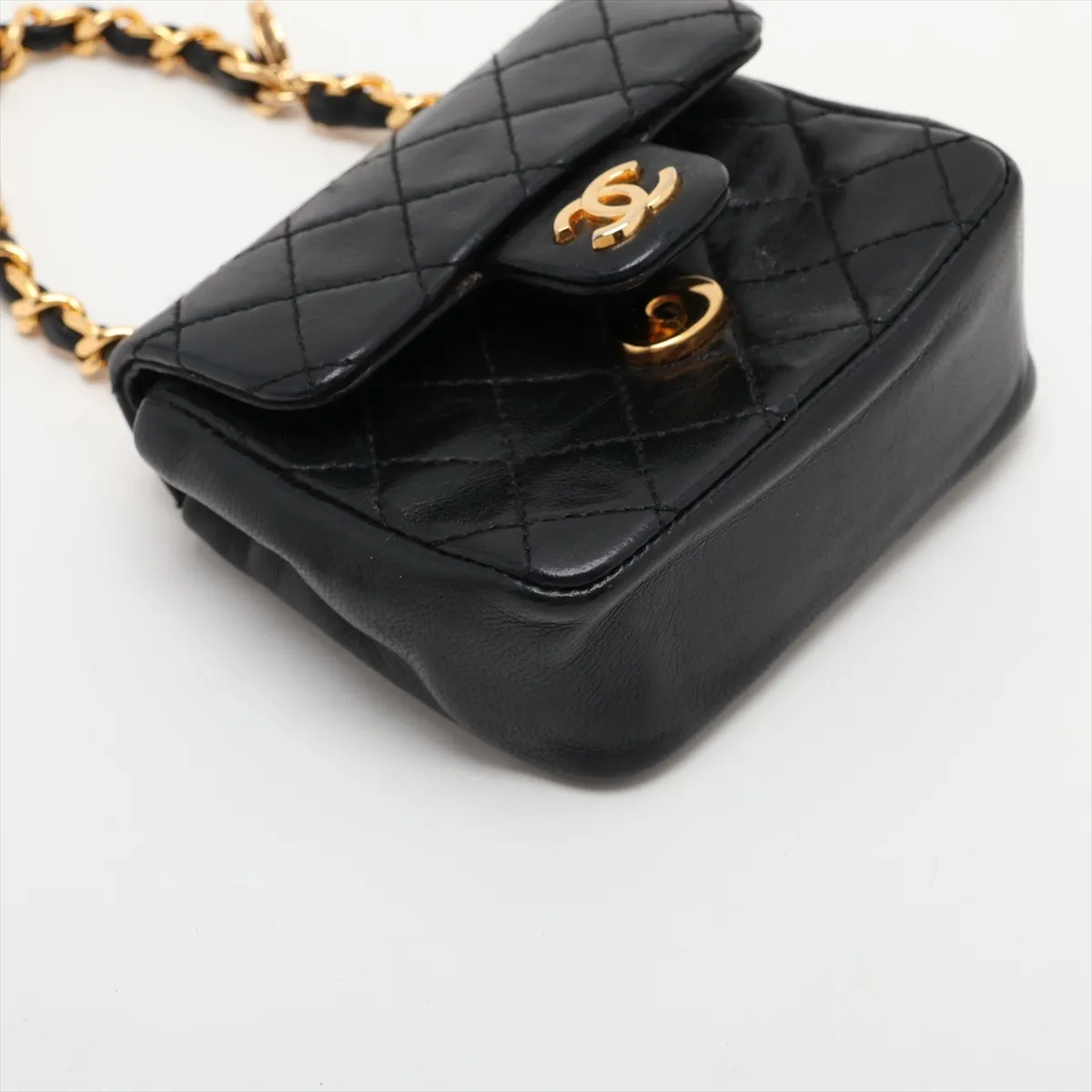 Matelassé Lambskin Waist Pouch, Push-Lock, Black with Gold Hardware — view 4