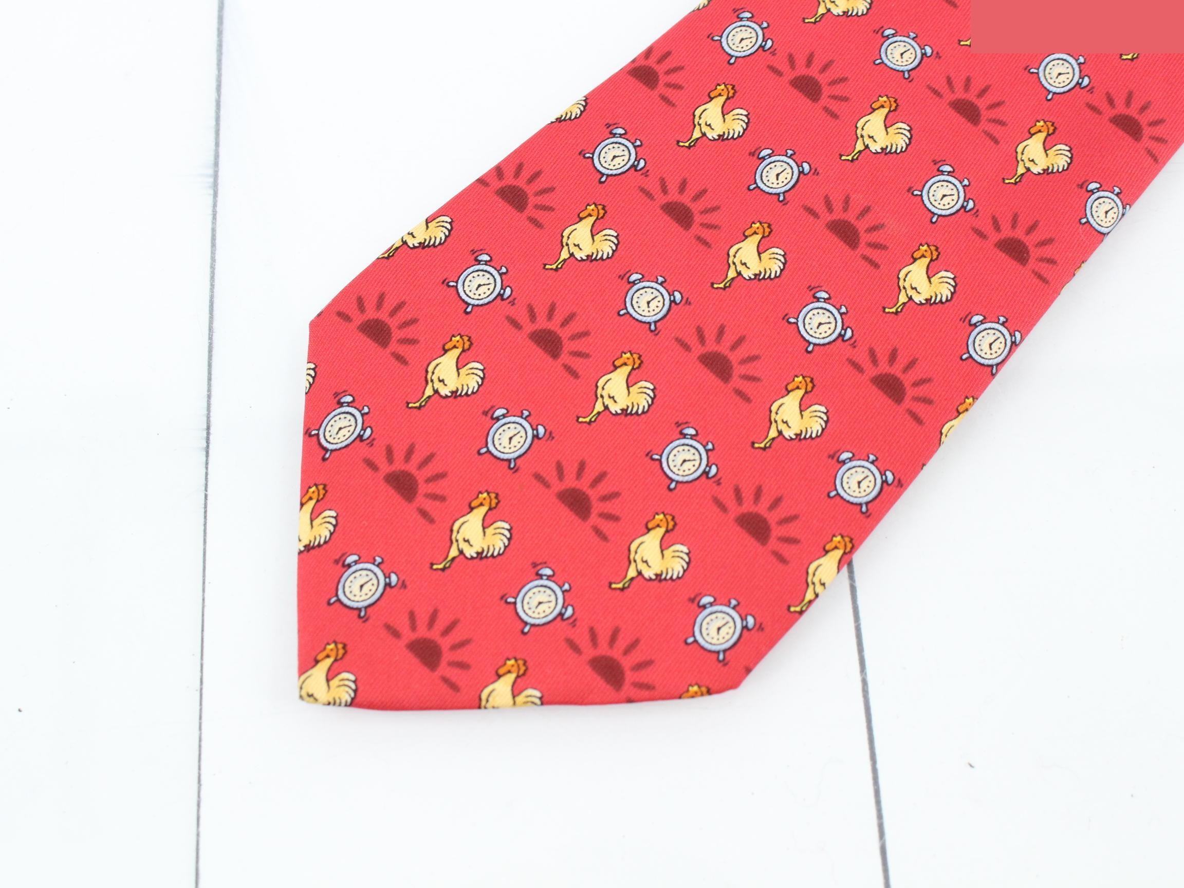 necktie, rooster design, clock, sunrise — view 3