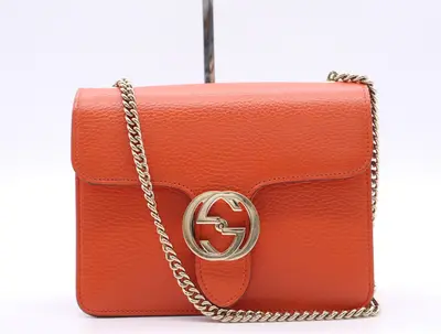 Leather Interlocking Chain Shoulder Bag, Orange